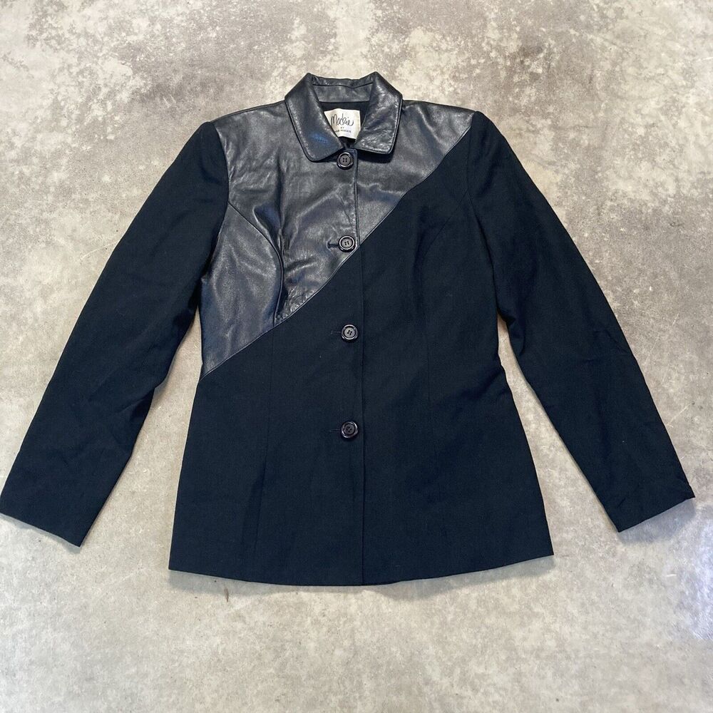 Mackie by Bob Mackie Jacket Womens 8 Black Leather Knit Wool VTG USA